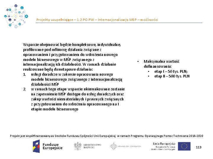 Projekty uzupełniające – 1. 2 PO PW – Internacjonalizacja MSP – możliwości Wsparcie obejmować