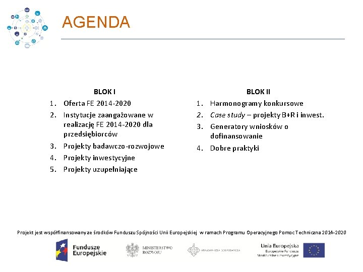 AGENDA 1. 2. 3. 4. 5. BLOK I Oferta FE 2014‐ 2020 Instytucje zaangażowane