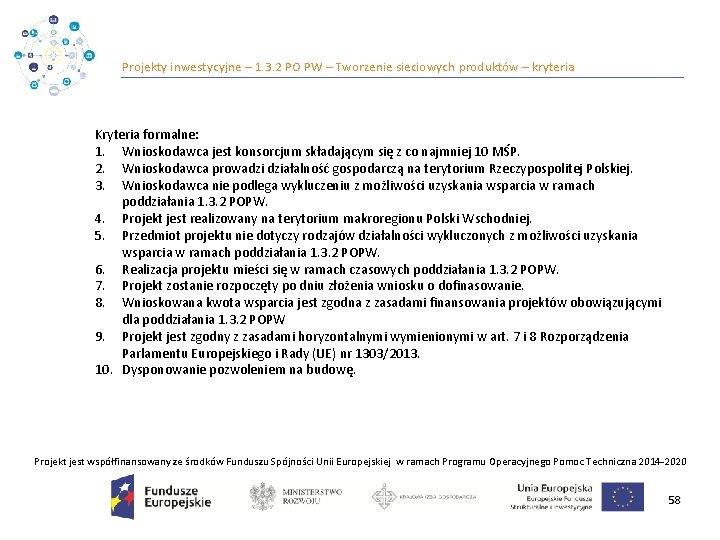 Projekty inwestycyjne – 1. 3. 2 PO PW – Tworzenie sieciowych produktów – kryteria