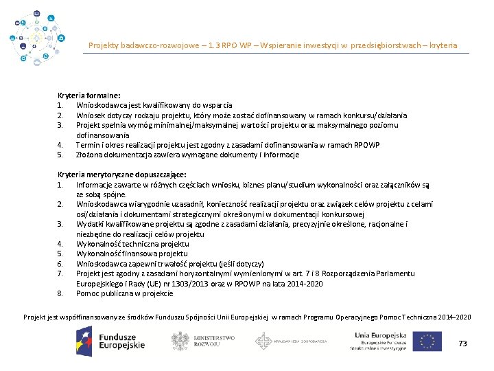 Projekty badawczo‐rozwojowe – 1. 3 RPO WP – Wspieranie inwestycji w przedsiębiorstwach – kryteria
