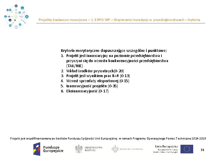 Projekty badawczo‐rozwojowe – 1. 3 RPO WP – Wspieranie inwestycji w przedsiębiorstwach – kryteria