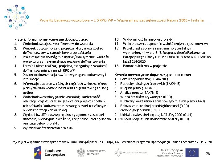 Projekty badawczo‐rozwojowe – 1. 5 RPO WP – Wspierania przedsiębiorczości Natura 2000 – kryteria