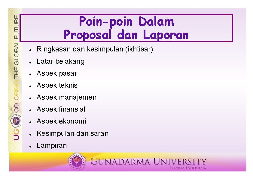 Poin-poin Dalam Proposal dan Laporan Ringkasan dan kesimpulan (ikhtisar) Latar belakang Aspek pasar Aspek
