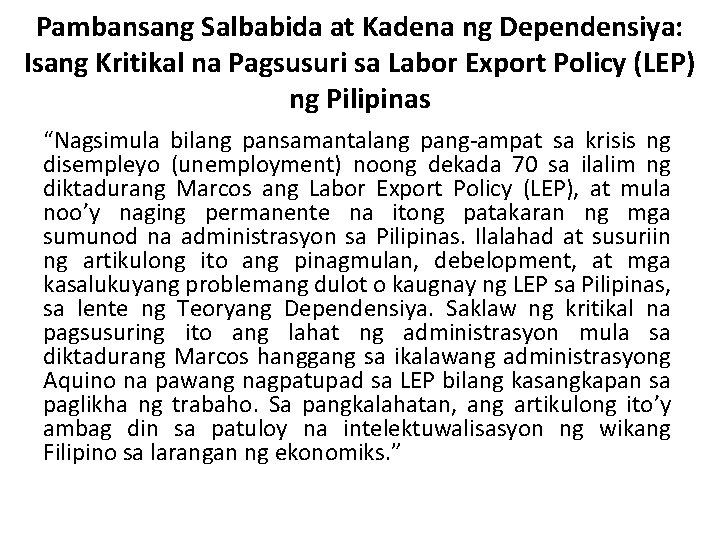 Pambansang Salbabida at Kadena ng Dependensiya: Isang Kritikal na Pagsusuri sa Labor Export Policy