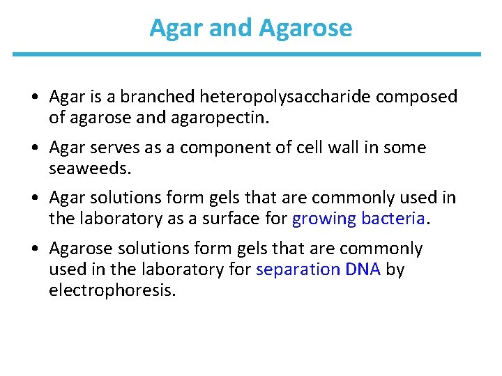 Agar and Agarose • Agar is a branched heteropolysaccharide composed of agarose and agaropectin.