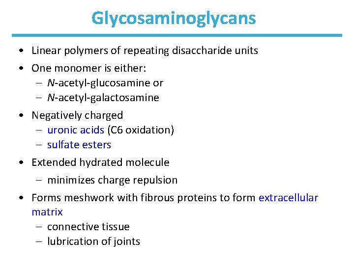 Glycosaminoglycans • Linear polymers of repeating disaccharide units • One monomer is either: –