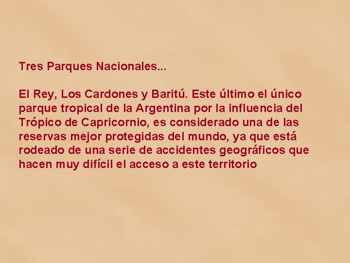 Tres Parques Nacionales. . . El Rey, Los Cardones y Baritú. Este último el
