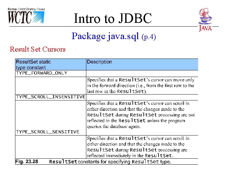 Intro to JDBC Package java. sql (p. 4) Result Set Cursors Intro to JDBC Package java. sql (p. 4) Result Set Cursors