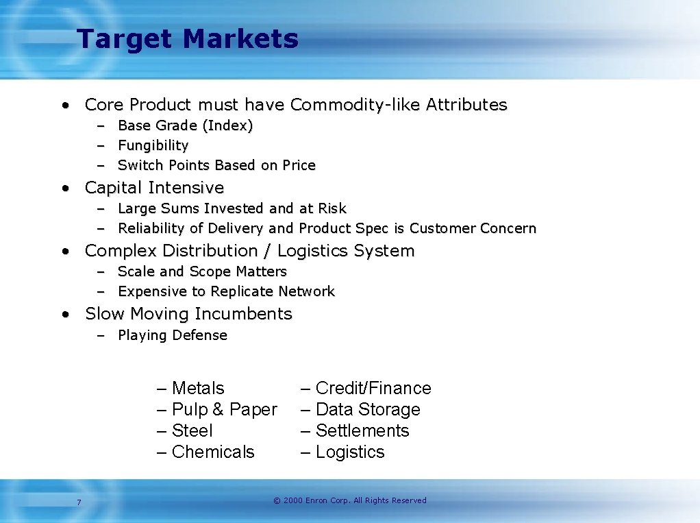 Target Markets • Core Product must have Commodity-like Attributes – – – Base Grade