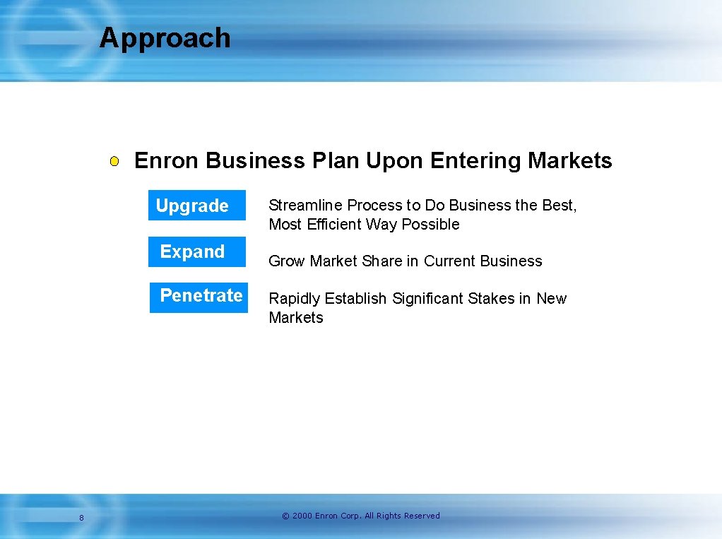 Approach Enron Business Plan Upon Entering Markets Upgrade Expand 8 Streamline Process to Do