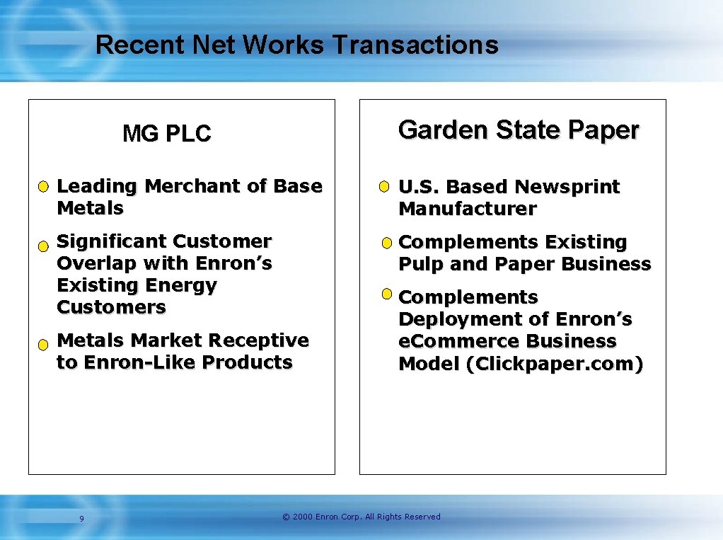 Recent Net Works Transactions Garden State Paper MG PLC Leading Merchant of Base Metals