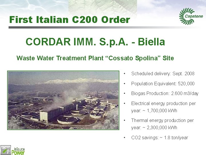 First Italian C 200 Order CORDAR IMM. S. p. A. - Biella Waste Water