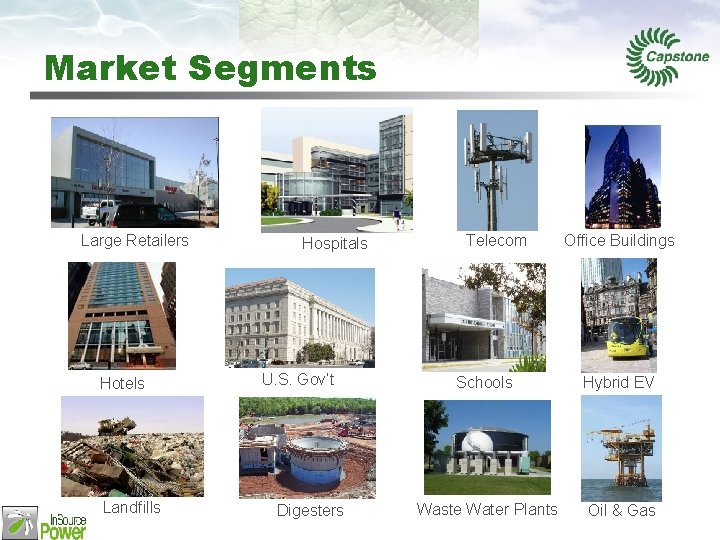 Market Segments Large Retailers Hotels Landfills Hospitals U. S. Gov’t Digesters Telecom Office Buildings