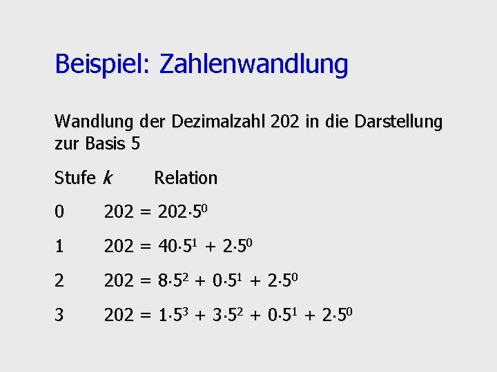 Beispiel: Zahlenwandlung Wandlung der Dezimalzahl 202 in die Darstellung zur Basis 5 Stufe k
