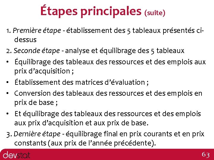 Étapes principales (suite) 1. Première étape - établissement des 5 tableaux présentés cidessus 2.