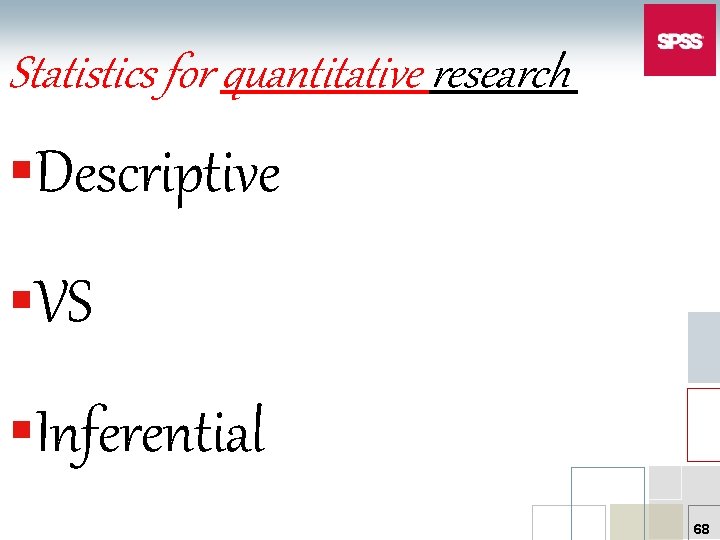 Statistics for quantitative research §Descriptive §VS §Inferential 68 
