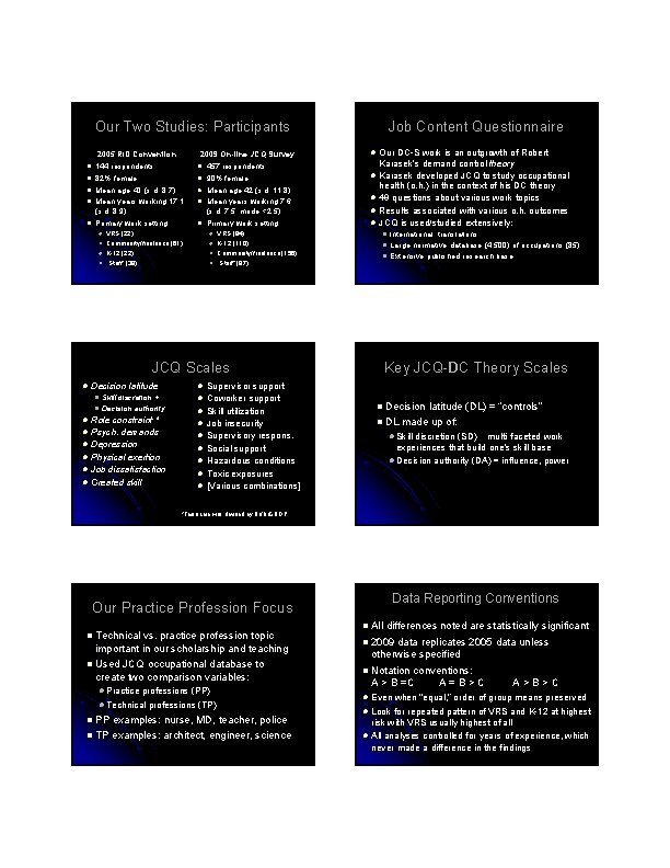 Our Two Studies: Participants 2005 RID Convention Job Content Questionnaire 2009 On-lline JCQ Survey