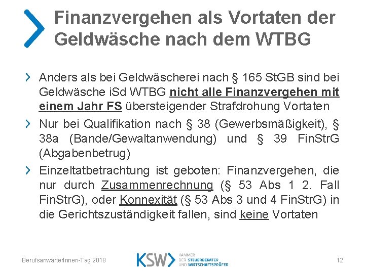 Finanzvergehen als Vortaten der Geldwäsche nach dem WTBG Anders als bei Geldwäscherei nach §