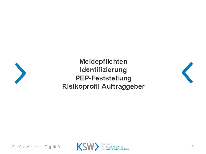 Meldepflichten Identifizierung PEP-Feststellung Risikoprofil Auftraggeber Berufsanwärter. Innen-Tag 2018 13 