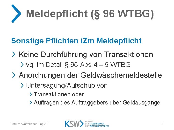 Meldepflicht (§ 96 WTBG) Sonstige Pflichten i. Zm Meldepflicht Keine Durchführung von Transaktionen vgl