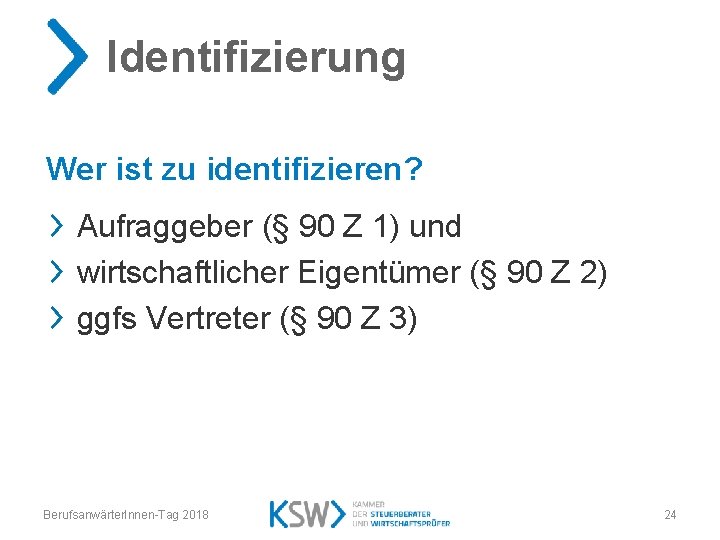 Identifizierung Wer ist zu identifizieren? Aufraggeber (§ 90 Z 1) und wirtschaftlicher Eigentümer (§