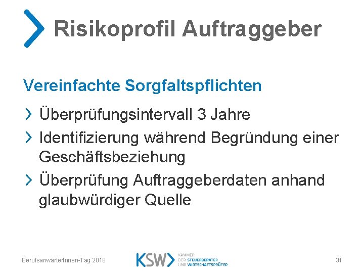 Risikoprofil Auftraggeber Vereinfachte Sorgfaltspflichten Überprüfungsintervall 3 Jahre Identifizierung während Begründung einer Geschäftsbeziehung Überprüfung Auftraggeberdaten