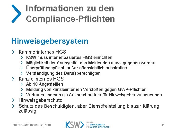 Informationen zu den Compliance-Pflichten Hinweisgebersystem Kammerinternes HGS KSW muss internetbasiertes HGS einrichten Möglichkeit der