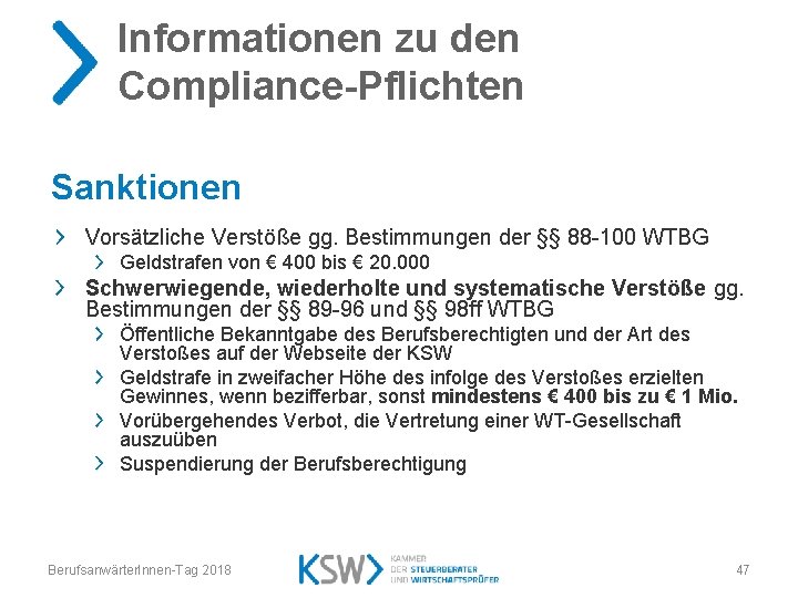 Informationen zu den Compliance-Pflichten Sanktionen Vorsätzliche Verstöße gg. Bestimmungen der §§ 88 -100 WTBG
