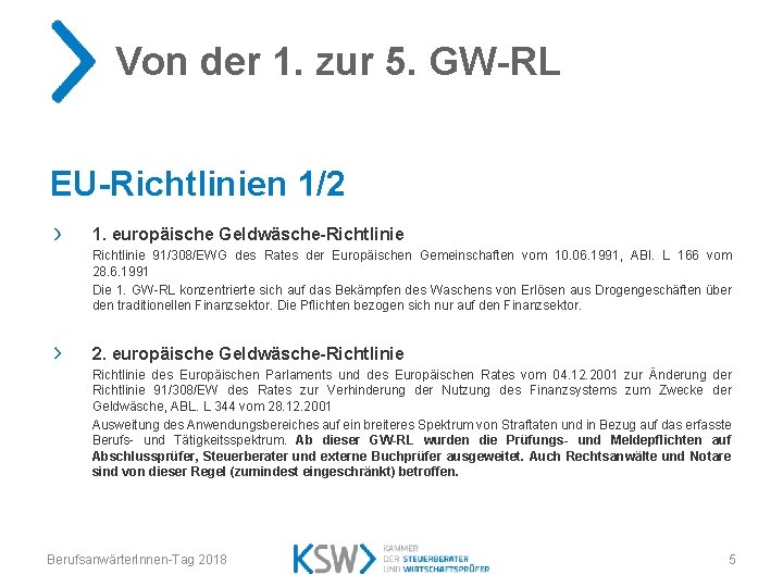 Von der 1. zur 5. GW-RL EU-Richtlinien 1/2 1. europäische Geldwäsche-Richtlinie 91/308/EWG des Rates