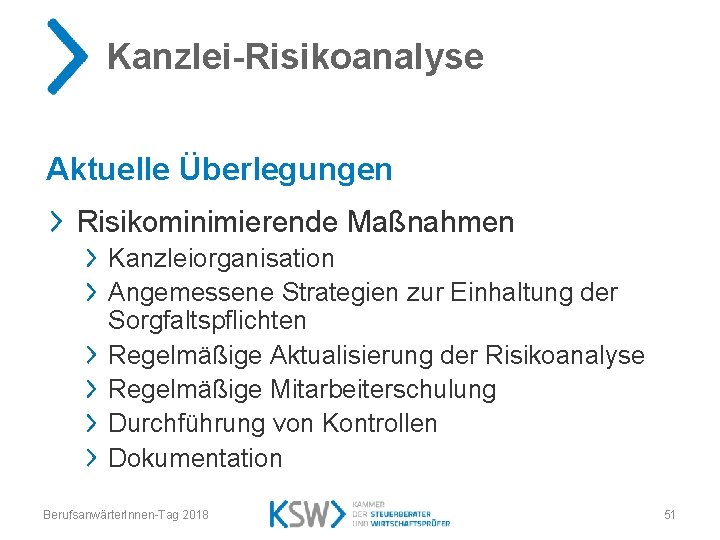 Kanzlei-Risikoanalyse Aktuelle Überlegungen Risikominimierende Maßnahmen Kanzleiorganisation Angemessene Strategien zur Einhaltung der Sorgfaltspflichten Regelmäßige Aktualisierung