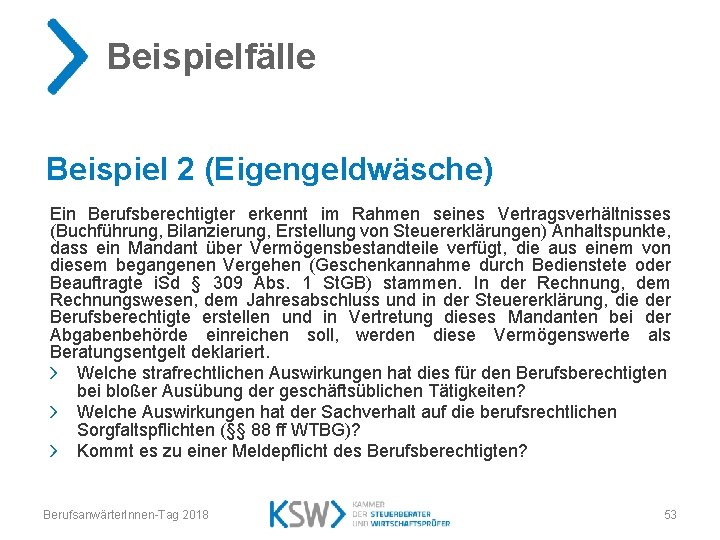 Beispielfälle Beispiel 2 (Eigengeldwäsche) Ein Berufsberechtigter erkennt im Rahmen seines Vertragsverhältnisses (Buchführung, Bilanzierung, Erstellung