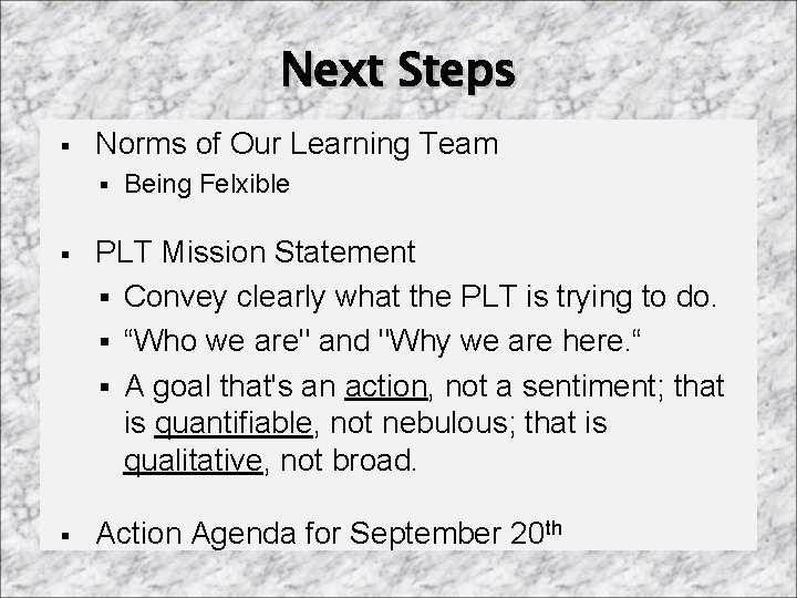 Next Steps § Norms of Our Learning Team § Being Felxible § PLT Mission