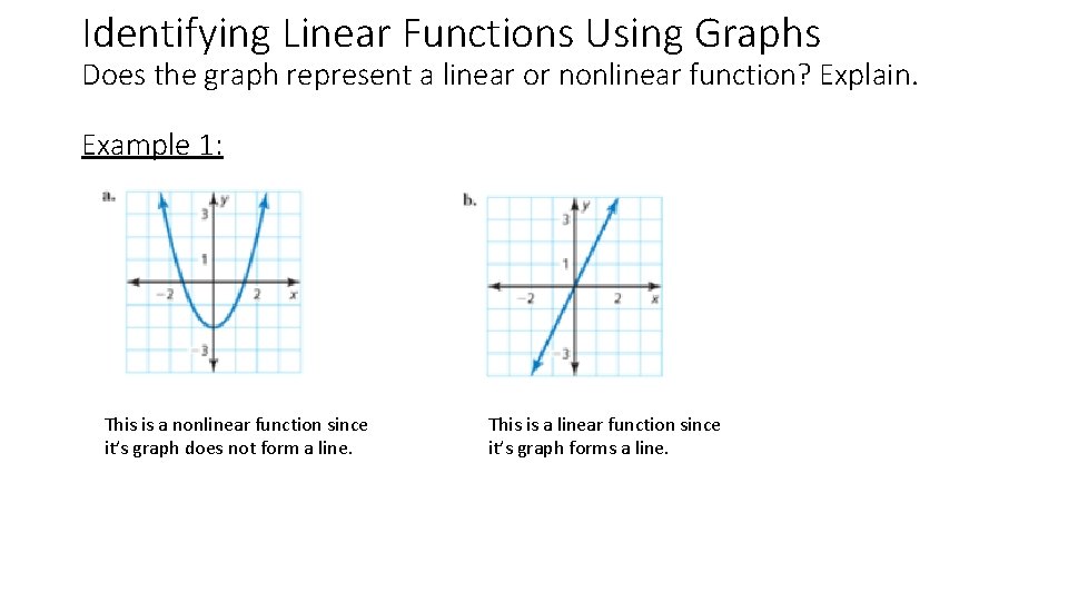 Identifying Linear Functions Using Graphs Does the graph represent a linear or nonlinear function?