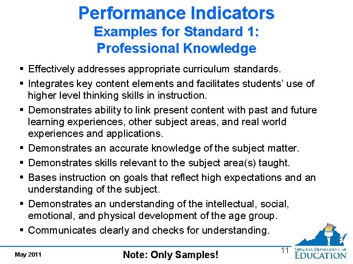 Performance Indicators Examples for Standard 1: Professional Knowledge § Effectively addresses appropriate curriculum standards.