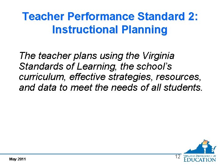 Teacher Performance Standard 2: Instructional Planning The teacher plans using the Virginia Standards of