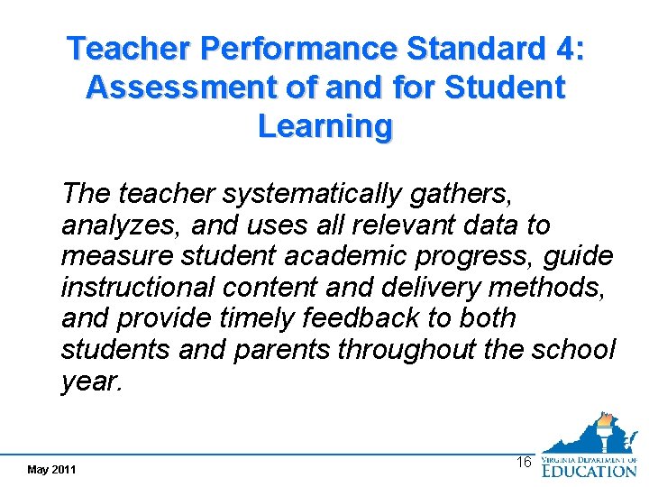 Teacher Performance Standard 4: Assessment of and for Student Learning The teacher systematically gathers,