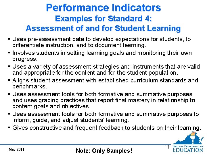 Performance Indicators Examples for Standard 4: Assessment of and for Student Learning § Uses