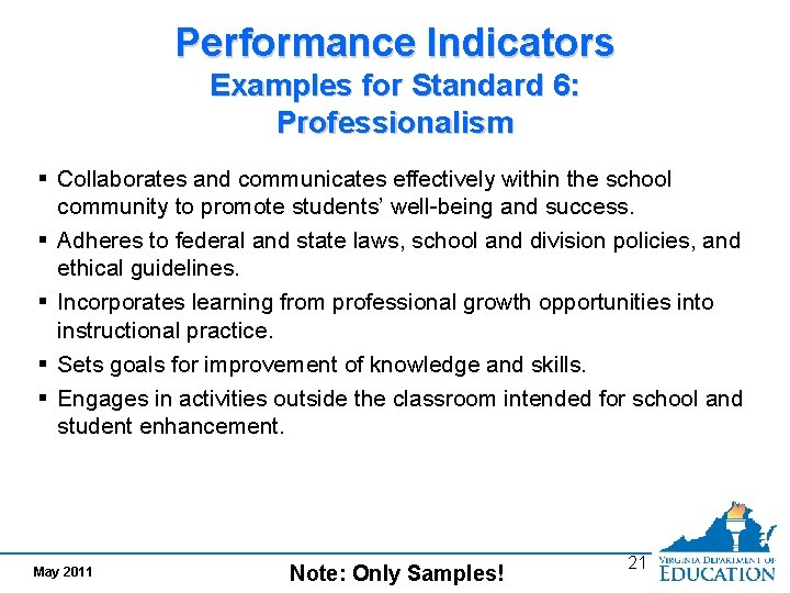 Performance Indicators Examples for Standard 6: Professionalism § Collaborates and communicates effectively within the