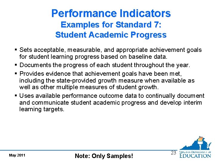 Performance Indicators Examples for Standard 7: Student Academic Progress § Sets acceptable, measurable, and
