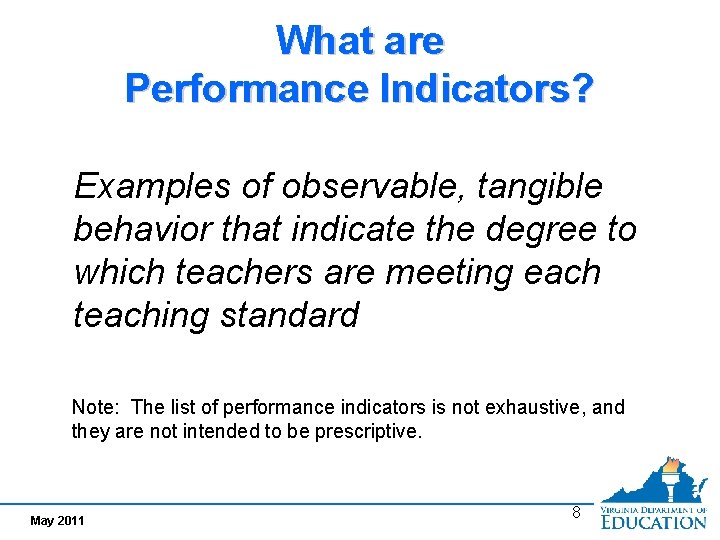 What are Performance Indicators? Examples of observable, tangible behavior that indicate the degree to