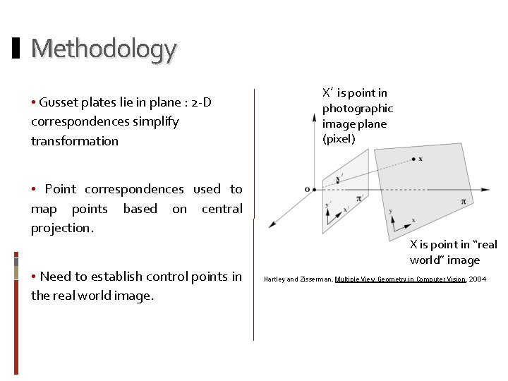 Methodology • Gusset plates lie in plane : 2 -D correspondences simplify transformation X’