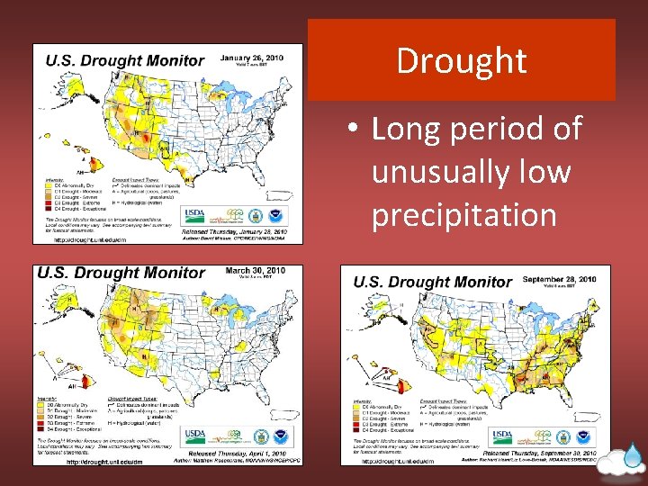 Drought • Long period of unusually low precipitation 