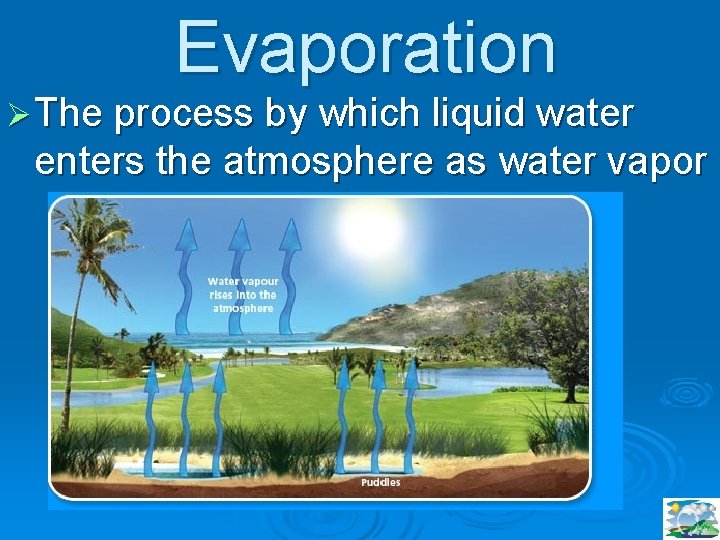 Evaporation Ø The process by which liquid water enters the atmosphere as water vapor