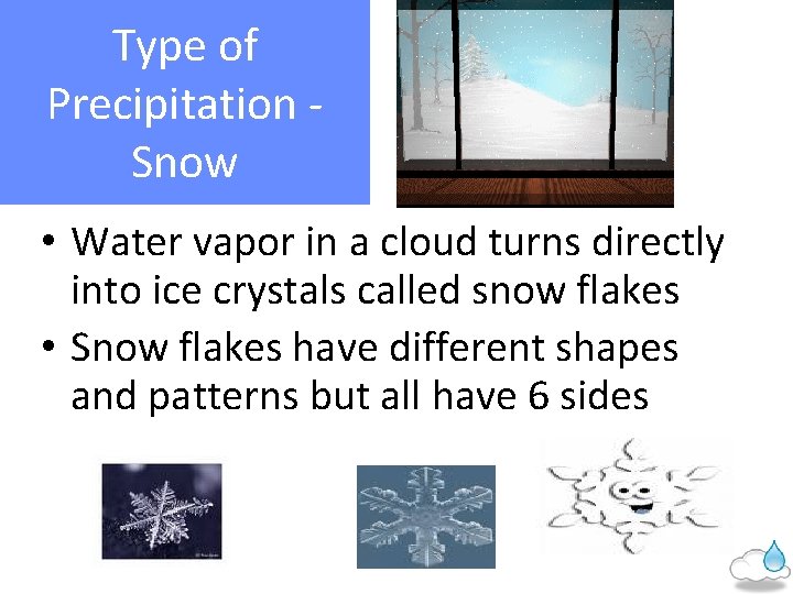 Type of Precipitation Snow • Water vapor in a cloud turns directly into ice
