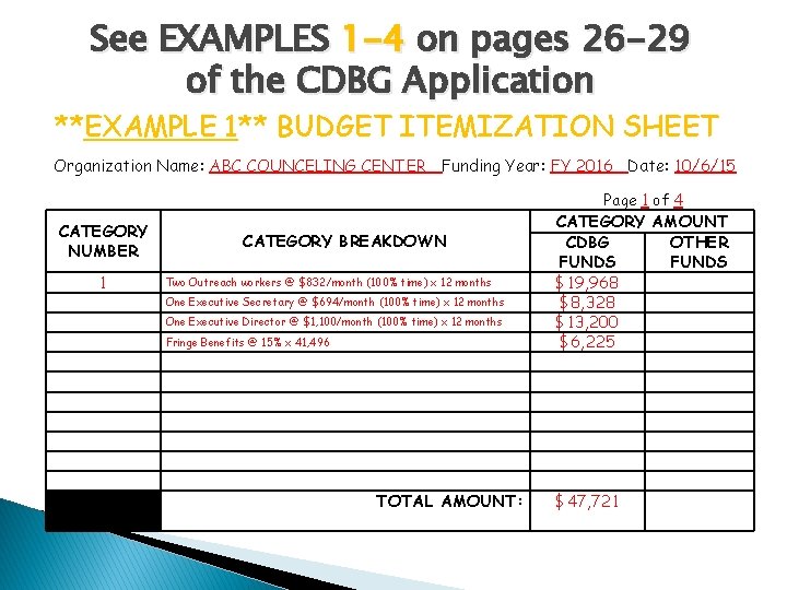 See EXAMPLES 1 -4 on pages 26 -29 of the CDBG Application **EXAMPLE 1**