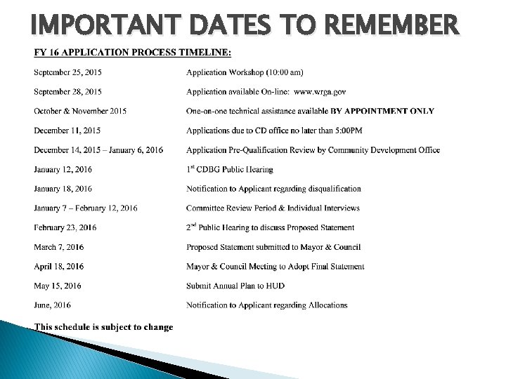 IMPORTANT DATES TO REMEMBER 