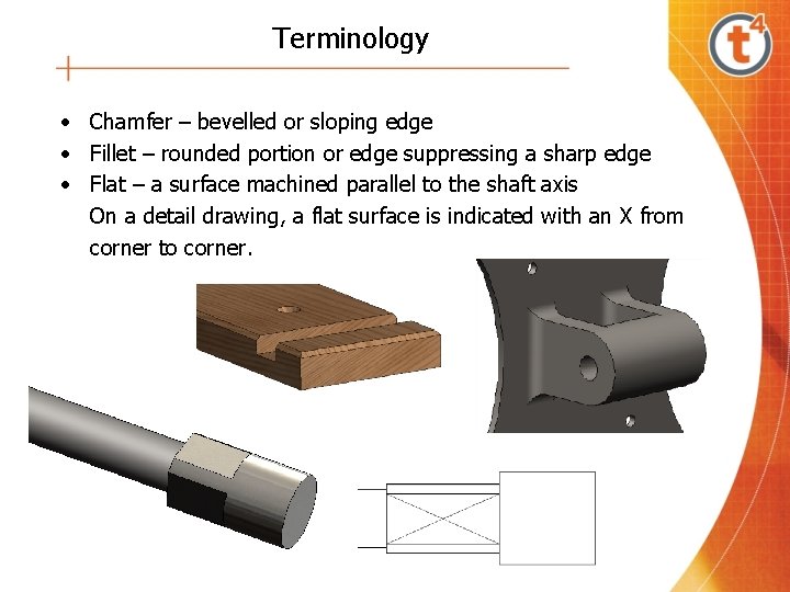 Terminology • Chamfer – bevelled or sloping edge • Fillet – rounded portion or