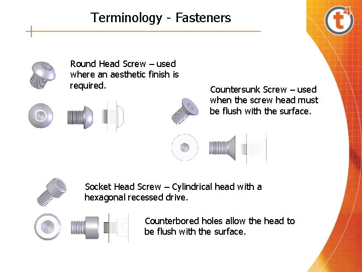 Terminology - Fasteners Round Head Screw – used where an aesthetic finish is required.