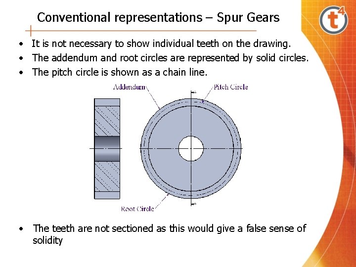 Conventional representations – Spur Gears • It is not necessary to show individual teeth