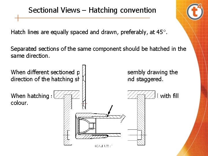 Sectional Views – Hatching convention Hatch lines are equally spaced and drawn, preferably, at
